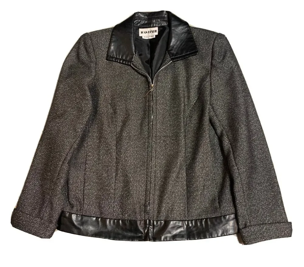 Vtg Joan Leslie Womens Tweed Blazer Sz 8 Black Faux Leather Trim Office Academia